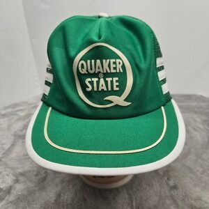 Vintage Quaker State Trucker Hat Green White Mesh Snapback Racing Stripes Hat